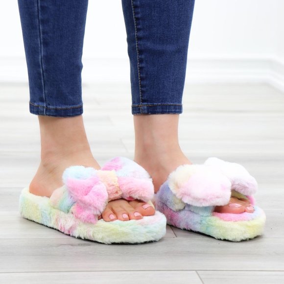 Bow Tie Furry Slip On Tie Dye Slippers - Picture 2 of 16